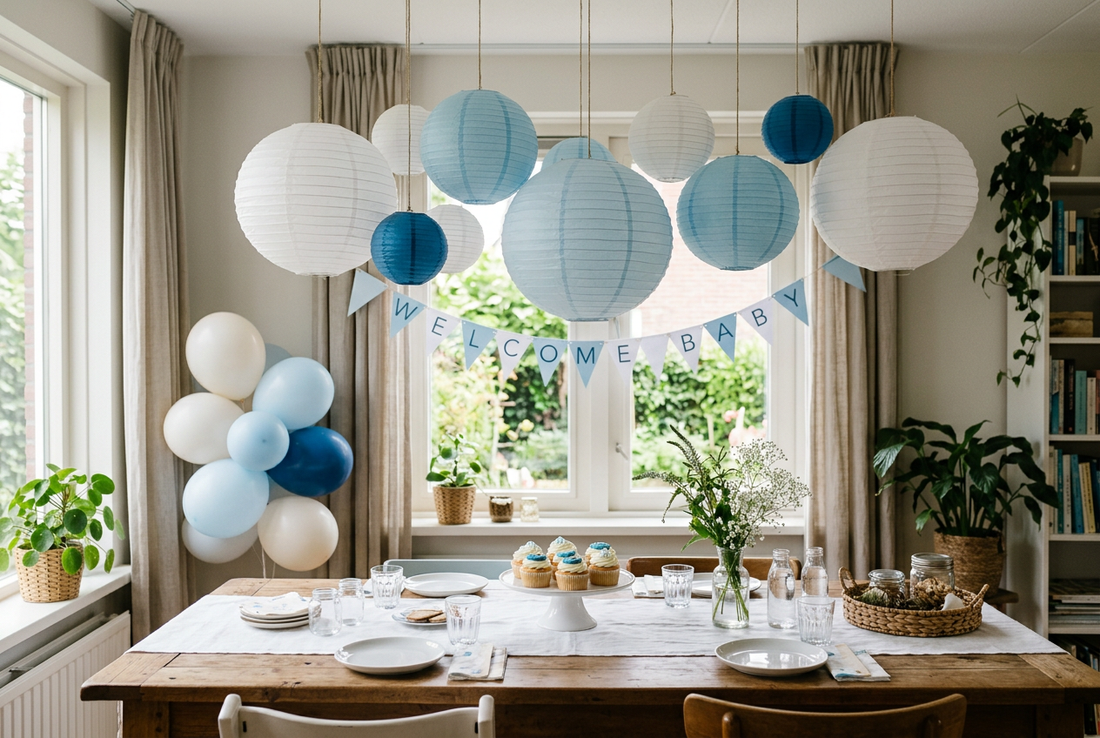Blauwe lampionnen babyshower versiering