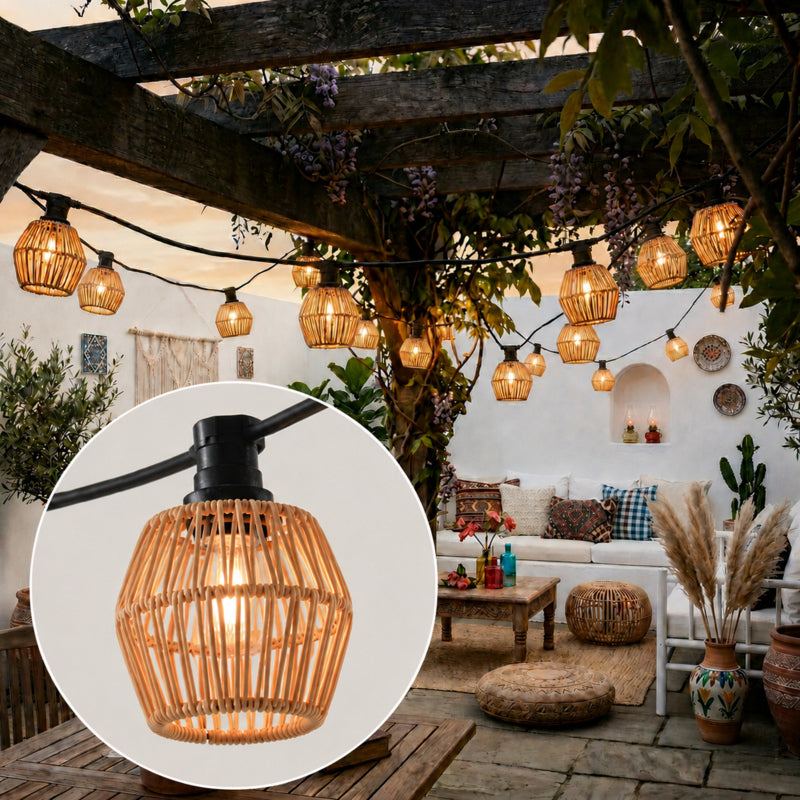 Prikkabel 10 m met 10 rotan bohemian kapjes voor buiten