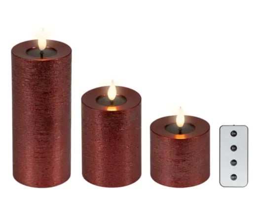 Set 3 LED-Kaarsen ossebloed rood met afstandsbediening
