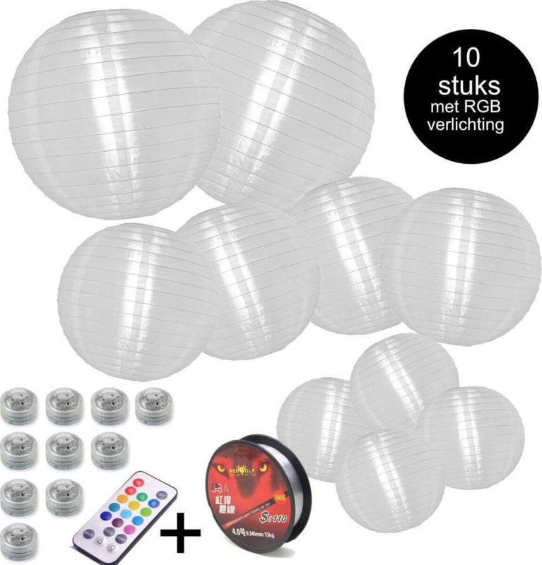 10 witte buitenlampionnen + gekleurde ledverlichting