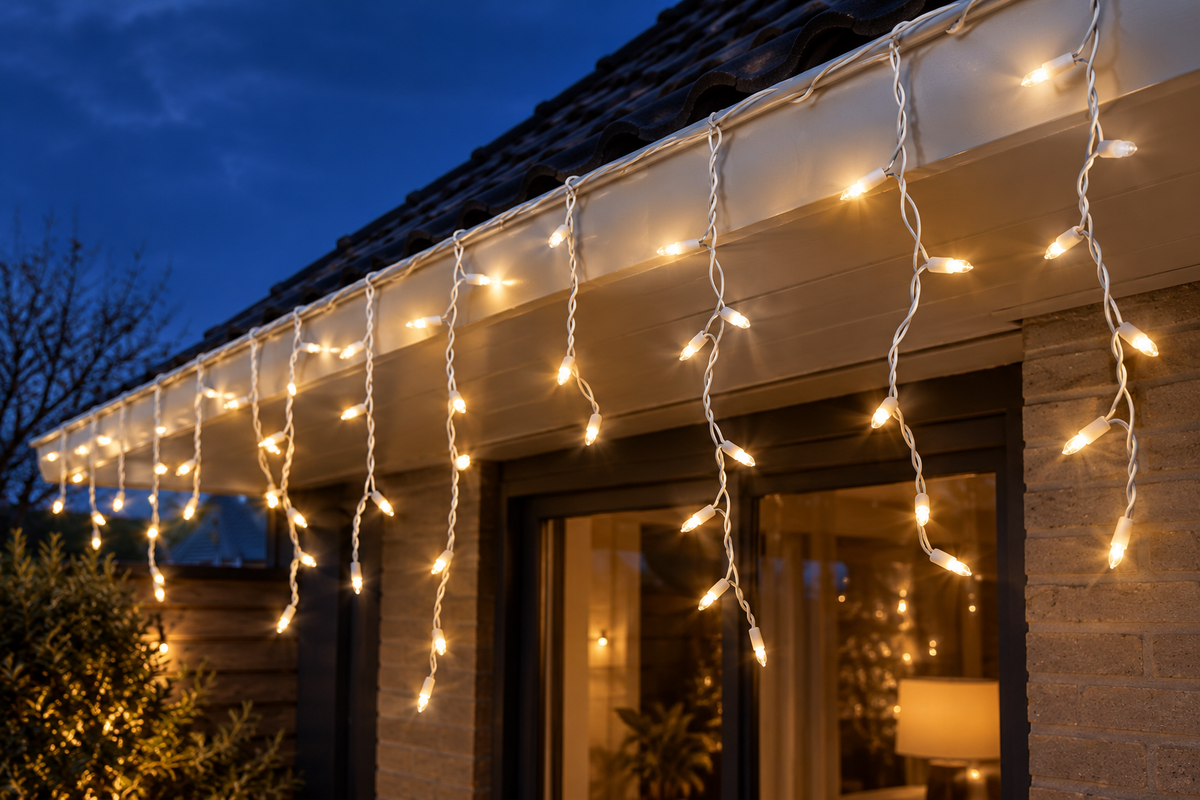 Ijspegel kerstverlichting voor buiten wit snoer aan de dakgoot