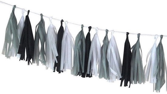 Tassel slinger 2.30 m. met 36 kwastjes in zwart - grijs