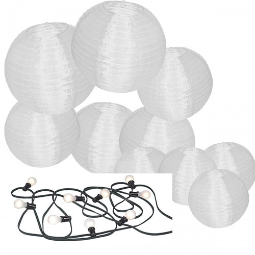 10 witte buitenlampionnen + prikkabel ledverlichting