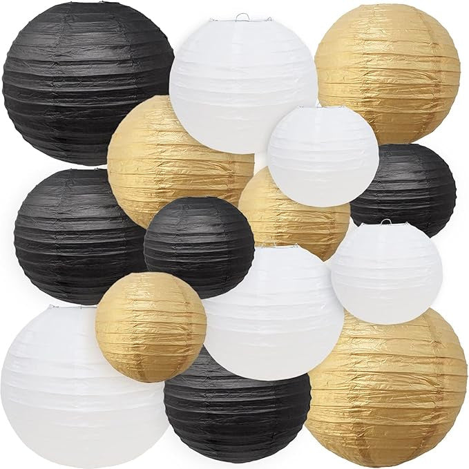 Lampionpakket 100 stuks - Zwarte, gouden en witte lampionnen rijstpapier