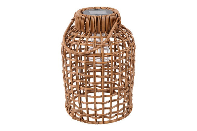Warmbruin rotan solar windlicht met open vlechtwerk en hendel